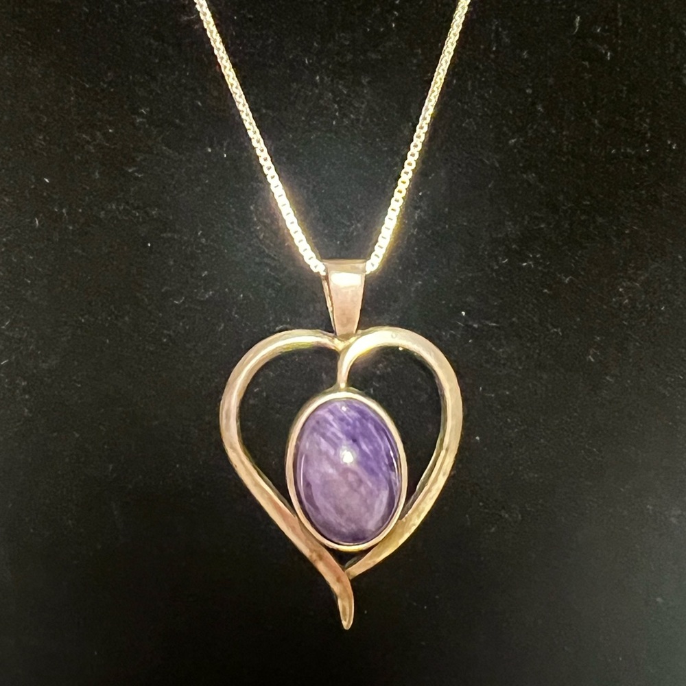 Like New Russian Purple Charoite Heart Sterling Silver Necklace
